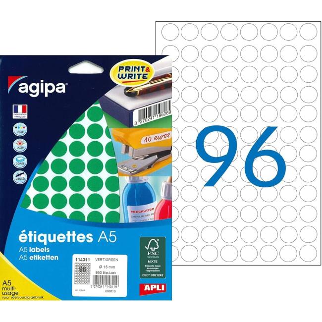 [AG114311] Etiketten rund 15 mm Agipa A5 grün