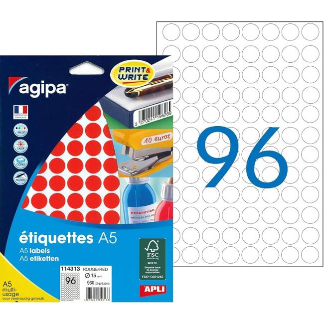 [AG114313] Runde Etiketten 15 mm Agipa A5 rot
