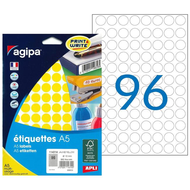 Runde Etiketten 15 mm Agipa A5 gelb