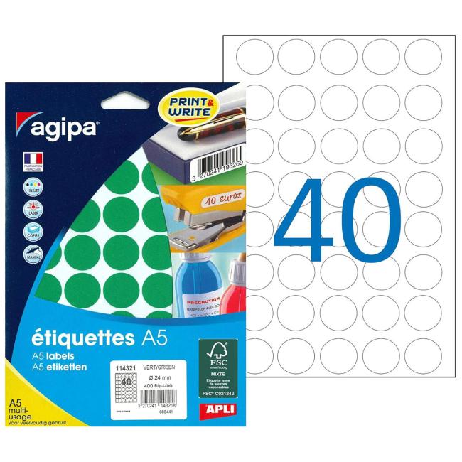 [AG114321] Etiketten rund 24 mm Agipa A5 grün