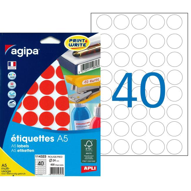 [AG114323] Runde Etiketten 24 mm Agipa A5 rot