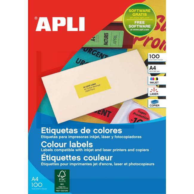 [AG119030] Etiketten farbig 70x31mm APLI A4 100 Blatt fluoreszierend rot