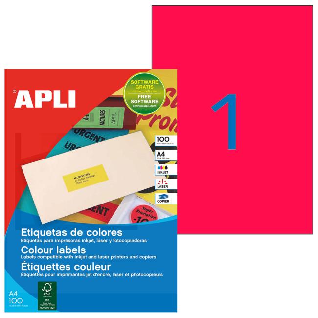 [AG119040] Farbige Etiketten 210 x 297 mm APLI A4 100 Blatt fluoreszierend rot