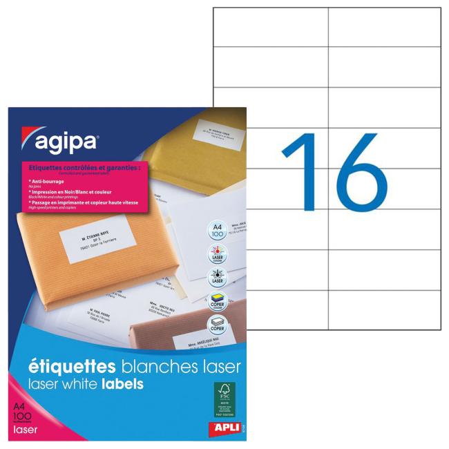 [AG119064] Laseretiketten 105x37mm Agipa A4 100 Blatt