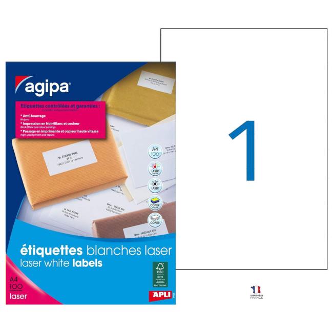 Laseretiketten 210 x 297 mm Agipa A4 100 Blatt