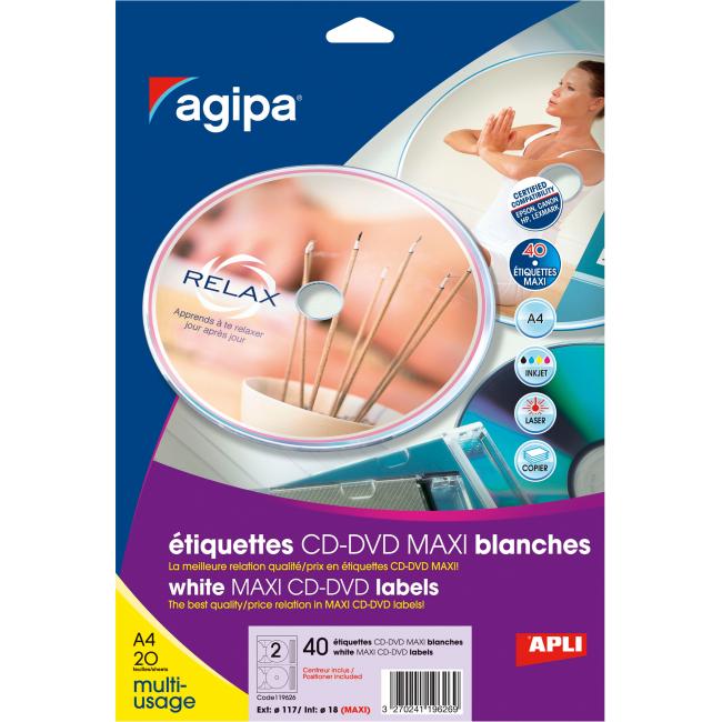 [AG119626] Universal-Etiketten für CD/DVD-Durchmesser 117,5–17 mm, Agipa, 20 Blatt