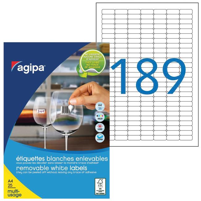 [AG119645] Universelle, ablösbare Etiketten 25,4 x 10 mm, Agipa A4, 25 Blatt