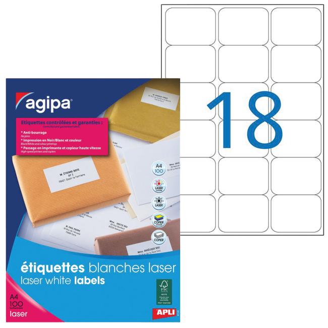 Laseretiketten 63,5 x 46,6 mm Agipa A4 100 Blatt