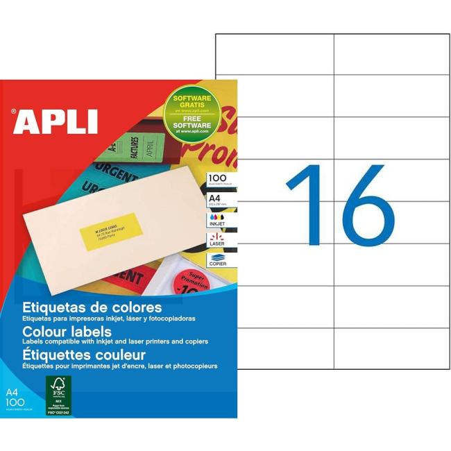 [AG119881] Farbige Etiketten 105x37mm APLI A4 100 Blatt gelb