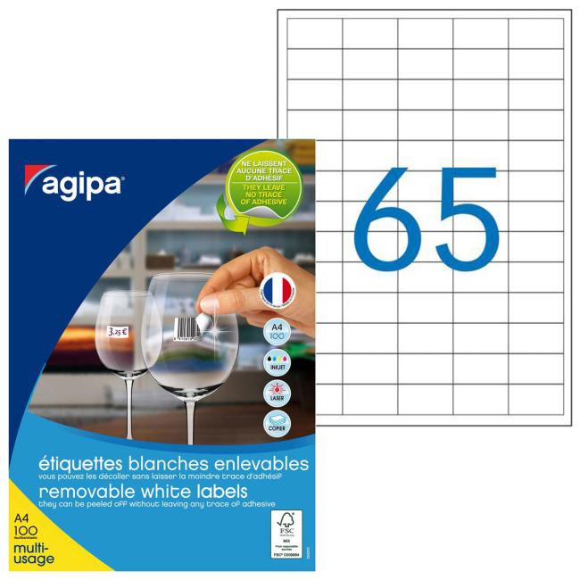 [AG128990] Universelle, ablösbare Etiketten 38 x 21,2 mm, Agipa A4, 100 Blatt