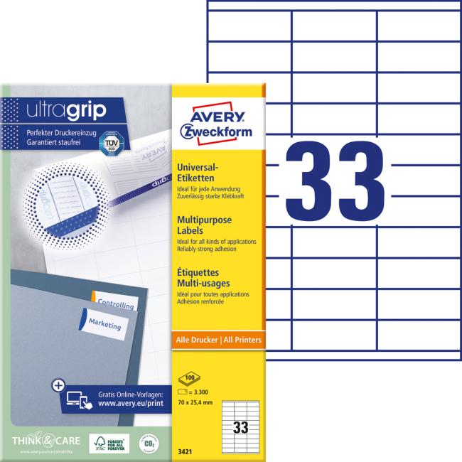 Universal-Etiketten 70 x 25,4 mm, Avery A4, 100 Blatt