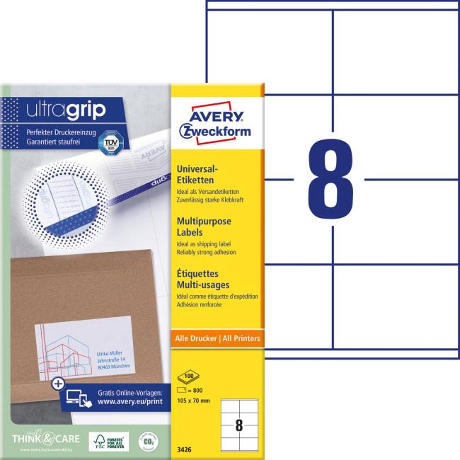 [AV003426] Universal-Etiketten 105 x 70 mm, Avery A4, 100 Blatt