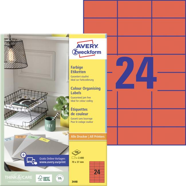 [AV003448] Etiketten, farbig, 70 x 37 mm, Avery A4, 100 Blatt, rot
