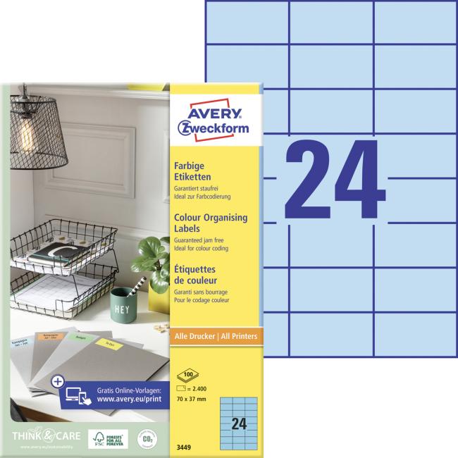 [AV003449] Etiketten farbig 70x37mm Avery A4 100 Blatt blau