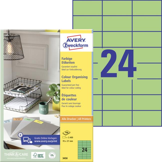 [AV003450] Farbige Etiketten 70x37mm Avery A4 100 Blatt grün