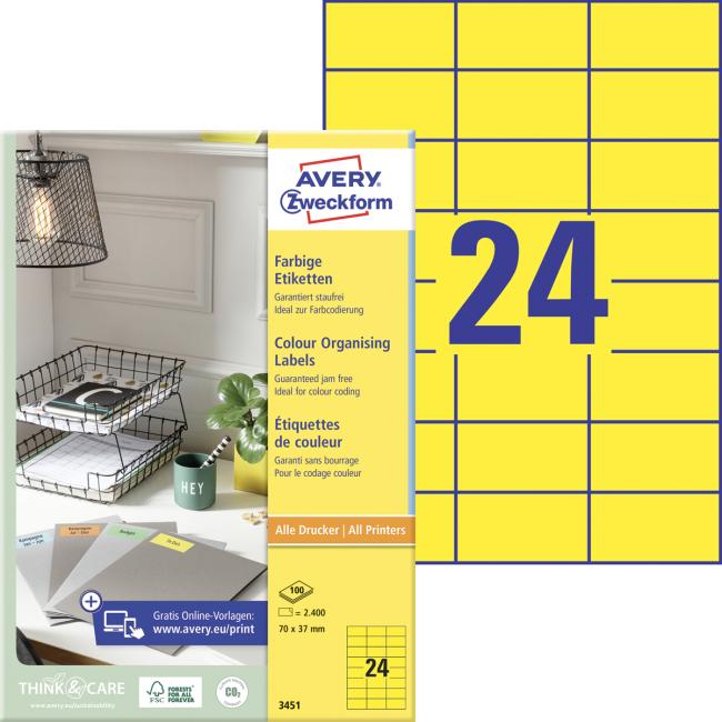 [AV003451] Farbige Etiketten 70x37mm Avery A4 100 Blatt gelb