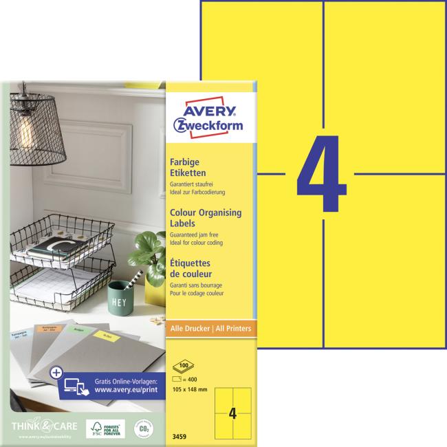 [AV003459] Etiketten farbig 105x148mm Avery A4 100 Blatt gelb