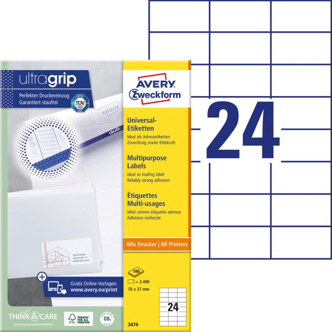 Universal-Etiketten 70 x 37 mm, Avery A4, 100 Blatt