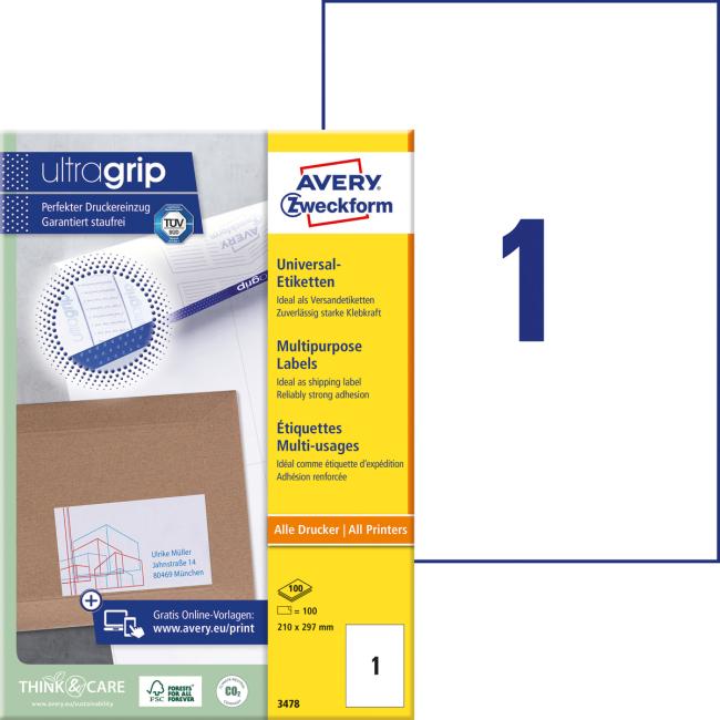 Universal-Etiketten 210 x 297 mm, Avery A4, 100 Blatt