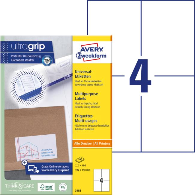 Universal-Etiketten 105 x 148 mm, Avery A4, 100 Blatt