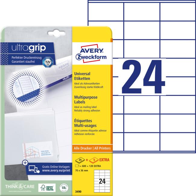 [AV003490] Universal-Etiketten 70 x 36 mm, Avery A4, 25 + 5 Blatt