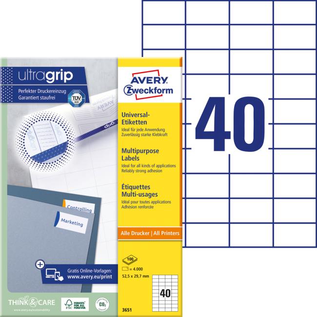 Universal-Etiketten 52,5 x 29,7 mm, Avery A4, 100 Blatt