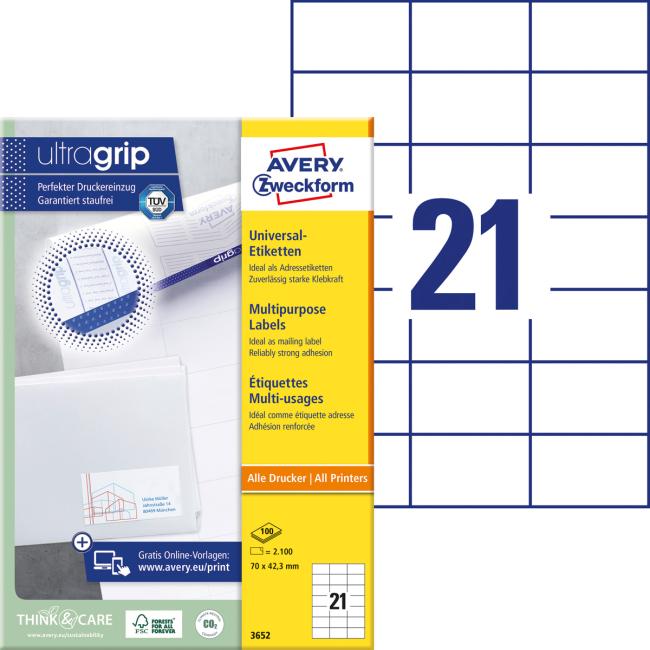 [AV003652] Universal-Etiketten 70 x 42,3 mm, Avery A4, 100 Blatt
