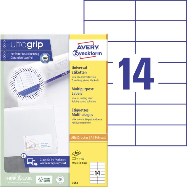 Universal-Etiketten 105 x 42,3 mm, Avery A4, 100 Blatt
