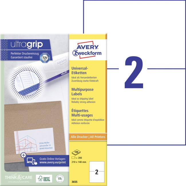 [AV003655] Universal-Etiketten 210 x 148 mm, Avery A4, 100 Blatt