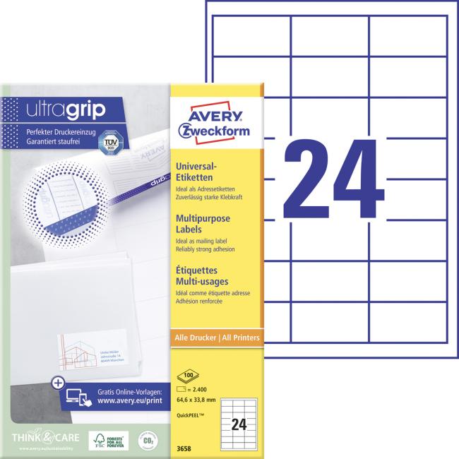 Universal-Etiketten 64,6 x 33,8 mm, Avery A4, 100 Blatt