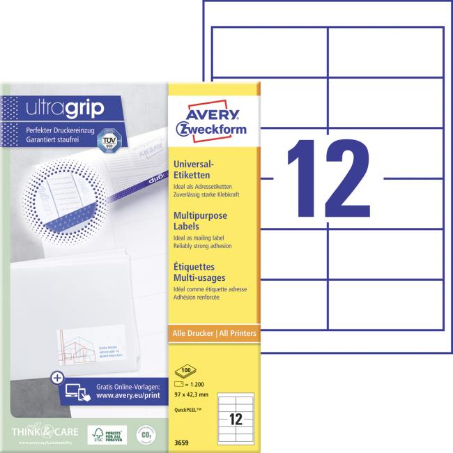 Universal-Etiketten 97 x 42,3 mm, Avery A4, 100 Blatt