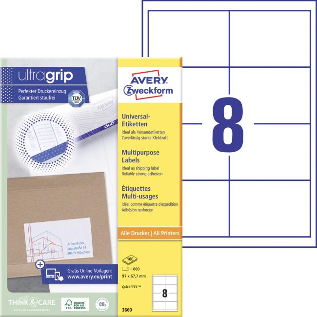 Universal-Etiketten 97 x 67,7 mm, Avery A4, 100 Blatt
