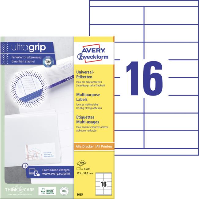 [AV003665] Universal-Etiketten 105 x 33,8 mm, Avery A4, 100 Blatt