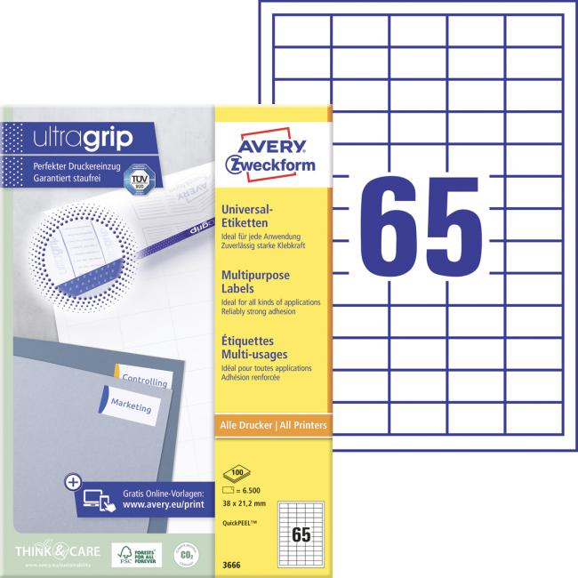 [AV003666] Universal-Etiketten 38 x 21,2 mm, Avery A4, 100 Blatt