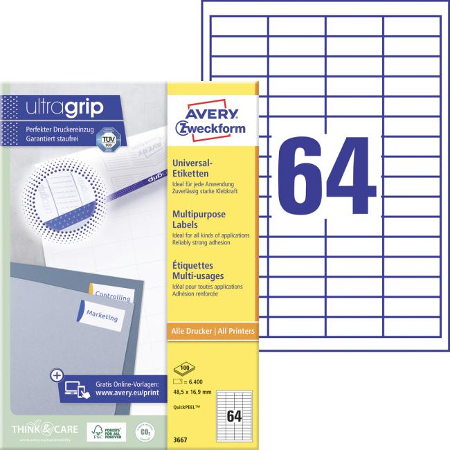 [AV003667] Universal-Etiketten 48,5 x 16,9 mm, Avery A4, 100 Blatt
