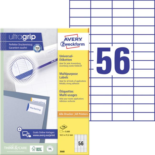 Universal-Etiketten 52,5 x 21,2 mm, Avery A4, 100 Blatt