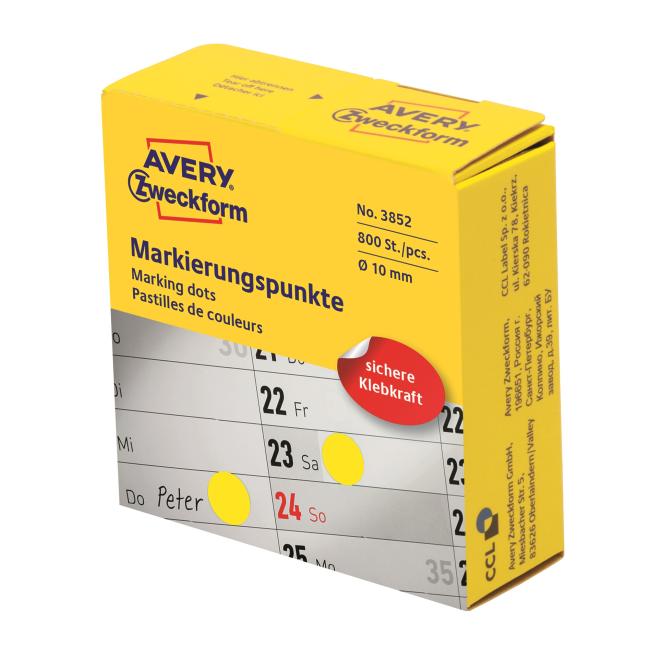 [AV003852] Runde Etiketten 10 mm, gelb, Avery, im Spender
