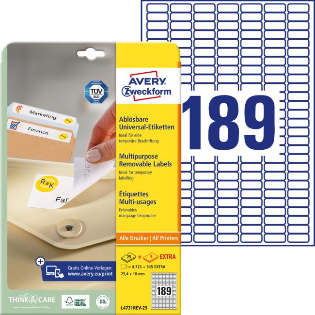 [AV004731] Universelle, ablösbare Etiketten 25,4 x 10 mm, Avery A4, 25 + 5 Blatt