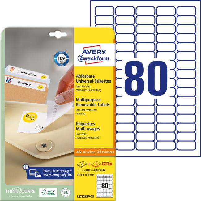 Universelle, ablösbare Etiketten 35,6 x 16,9 mm, Avery A4, 25 + 5 Blatt