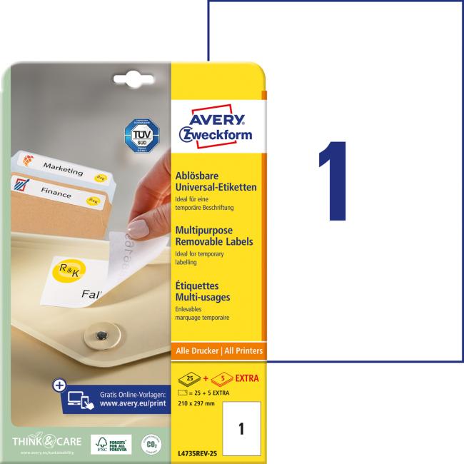 Universelle, ablösbare Etiketten, 210 x 297 mm, Avery A4, 25 + 5 Blatt