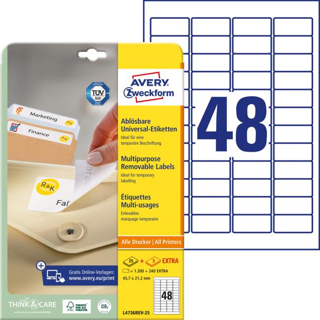 Universelle, ablösbare Etiketten 45,7 x 21,2 mm, Avery A4, 25 + 5 Blatt