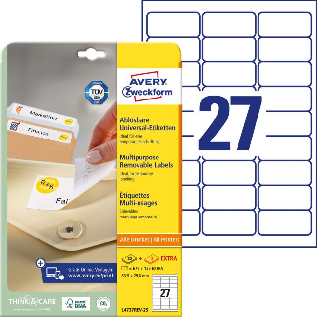 Universelle, ablösbare Etiketten, 63,5 x 29,6 mm, Avery A4, 25 + 5 Blatt