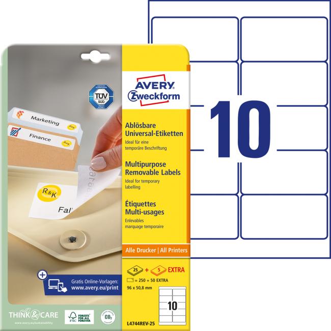 [AV004744] Universelle, ablösbare Etiketten 96 x 50,8 mm, Avery A4, 25 + 5 Blatt