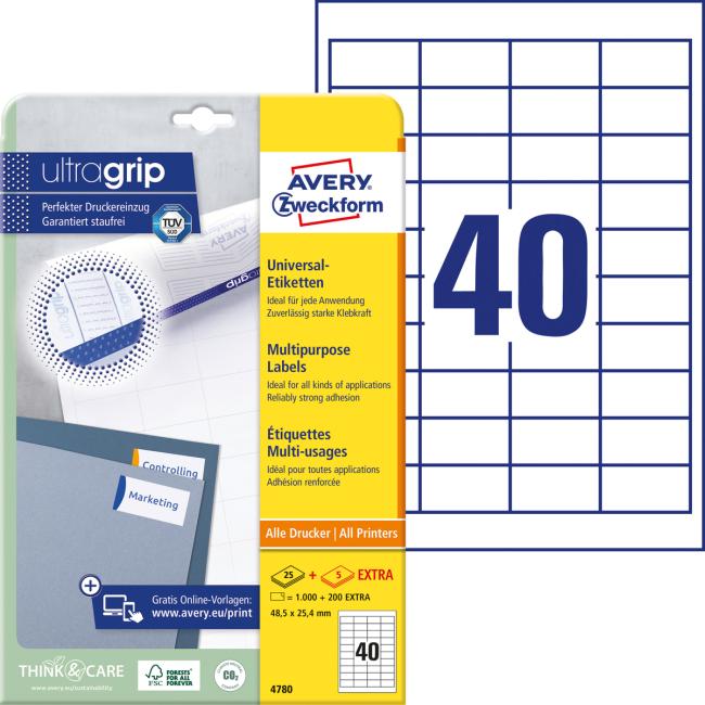 Universal-Etiketten 48,5 x 25,4 mm, Avery A4, 25 + 5 Blatt