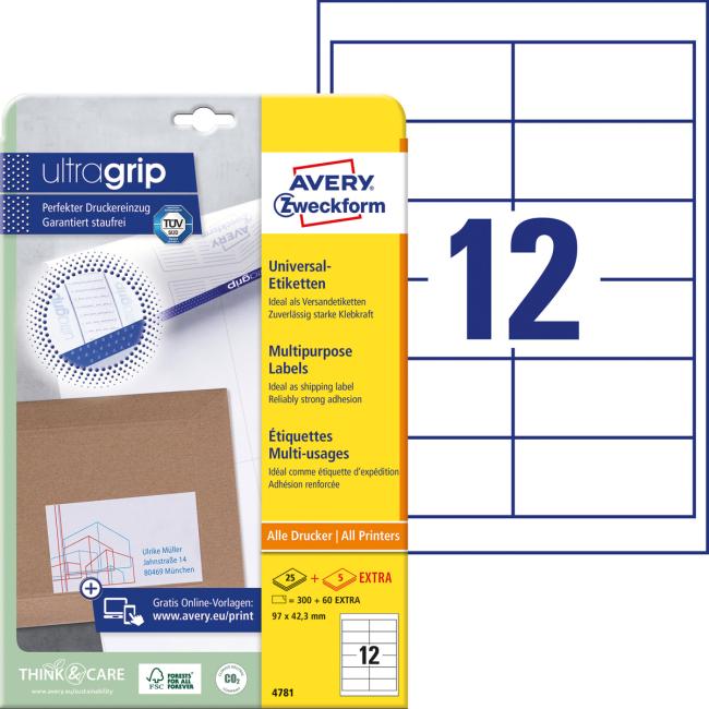 [AV004781] Universal-Etiketten 97 x 42,3 mm, Avery A4, 25 + 5 Blatt