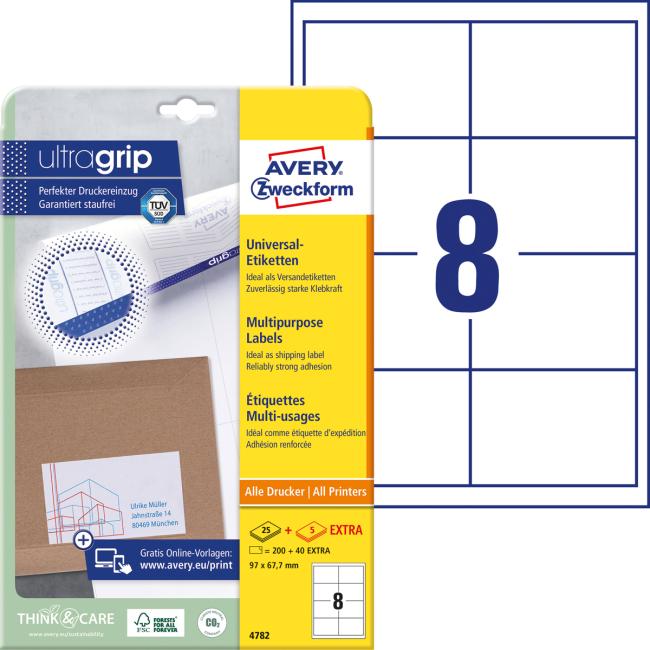 Universal-Etiketten 97 x 67,7 mm, Avery A4, 25 + 5 Blatt
