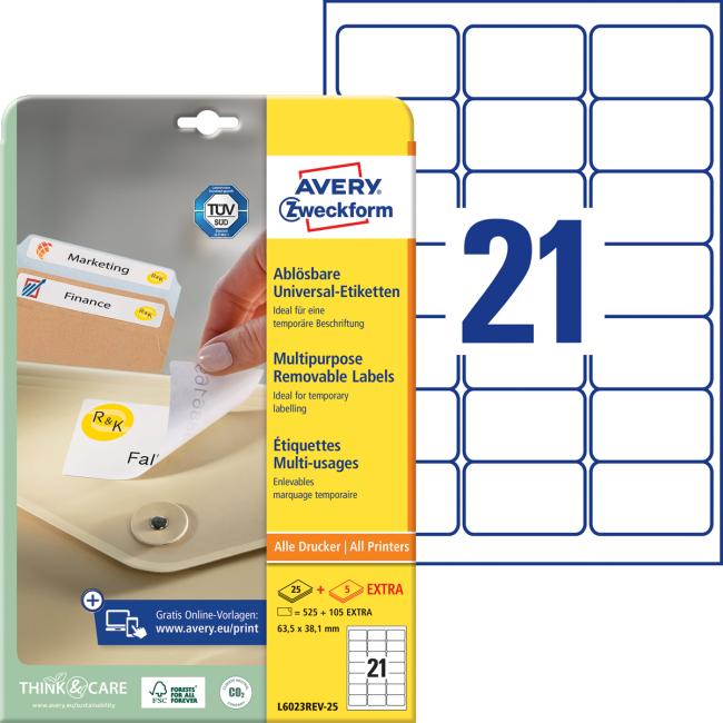 [AV006023] Universelle, ablösbare Etiketten, 63,5 x 38,1 mm, Avery A4, 25 + 5 Blatt