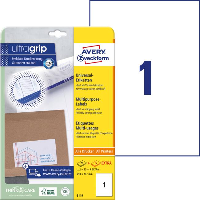 [AV006119] Universal-Etiketten 210 x 297 mm, Avery A4, 25 + 5 Blatt