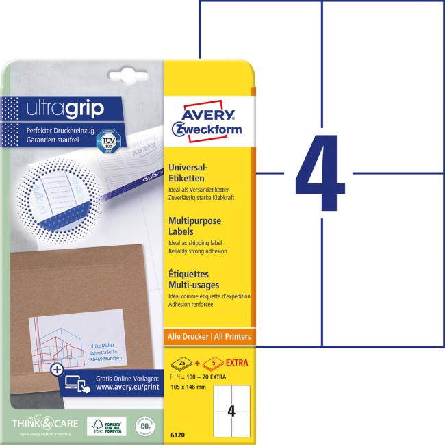 [AV006120] Universal-Etiketten 105 x 148 mm, Avery A4, 25 + 5 Blatt