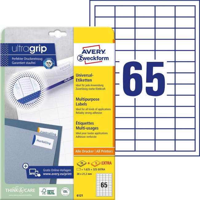 Universal-Etiketten 38 x 21,2 mm, Avery A4, 25 + 5 Blatt